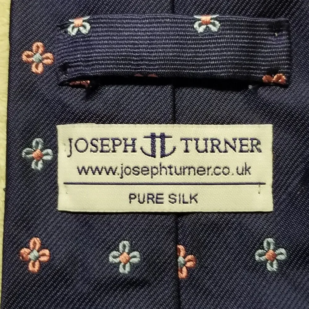 Joseph Turner Tie Necktie Pure Silk Navy Blue Pink Floral Heavy Preppy Office